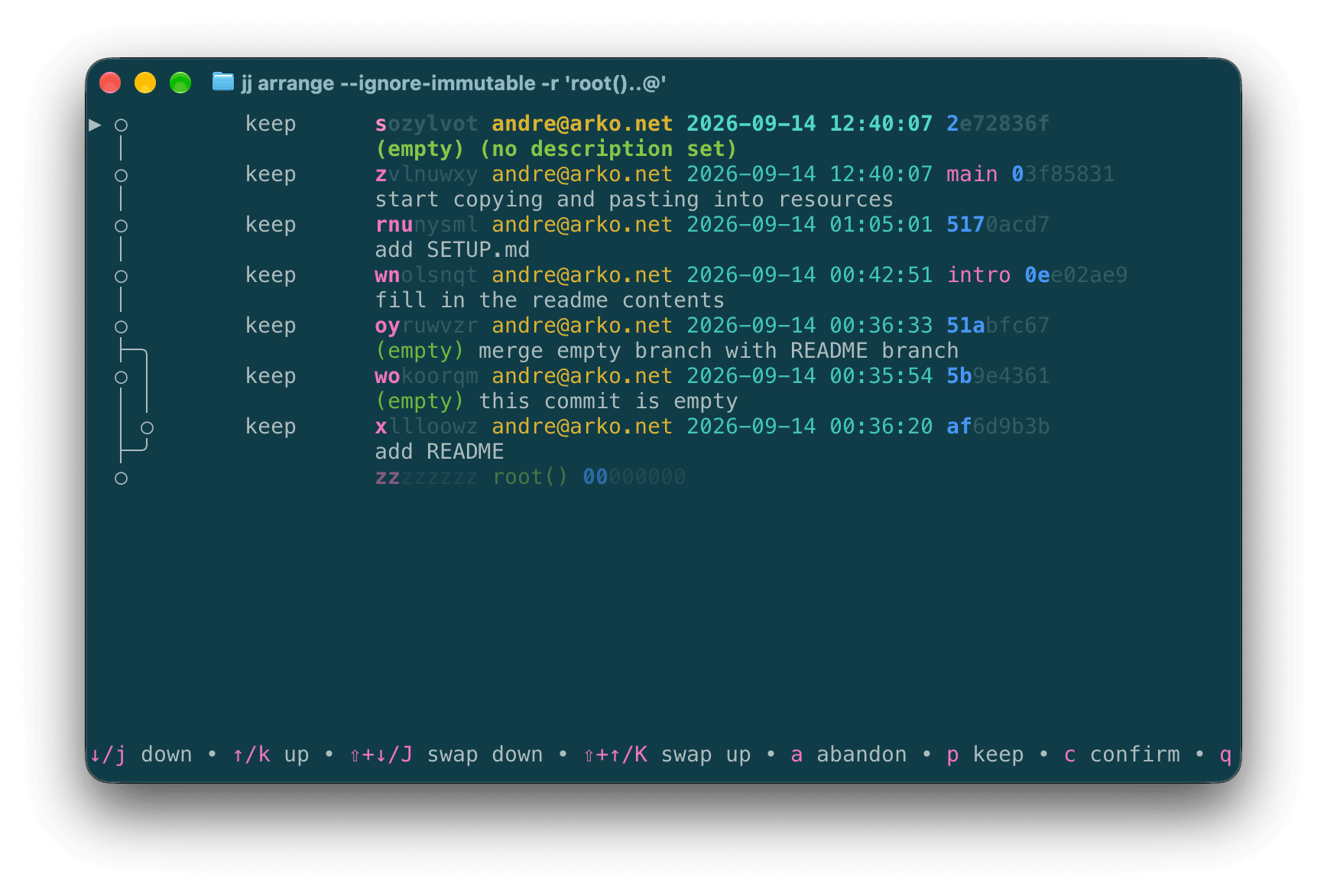 a screenshot of the jj arrange TUI